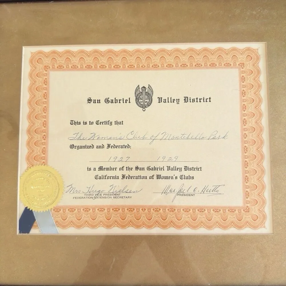 CFWC Certificate Woman's Club Montebello Park Framed Gold Seal Ribbon Vintage